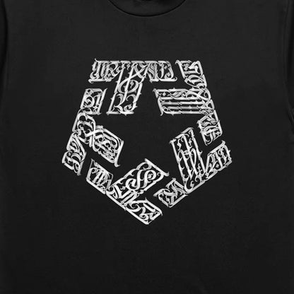 Black t-shirt with white geometric pattern on a plain background