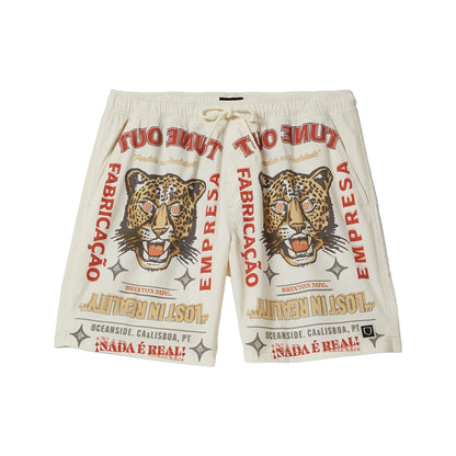 Beige shorts with leopard print and text on a white background