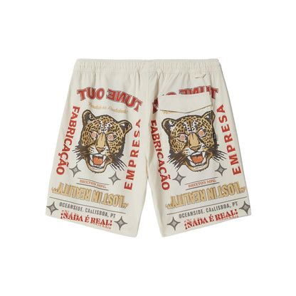 Beige shorts with leopard graphic and text on a white background