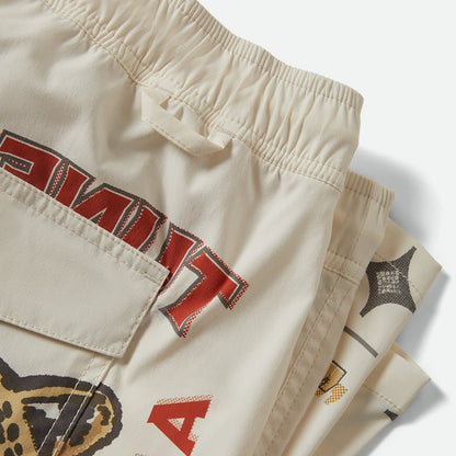 Beige shorts with red text and patterns on a white background
