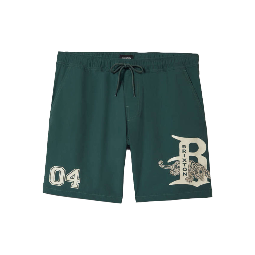Green shorts with a logo and number on a white background