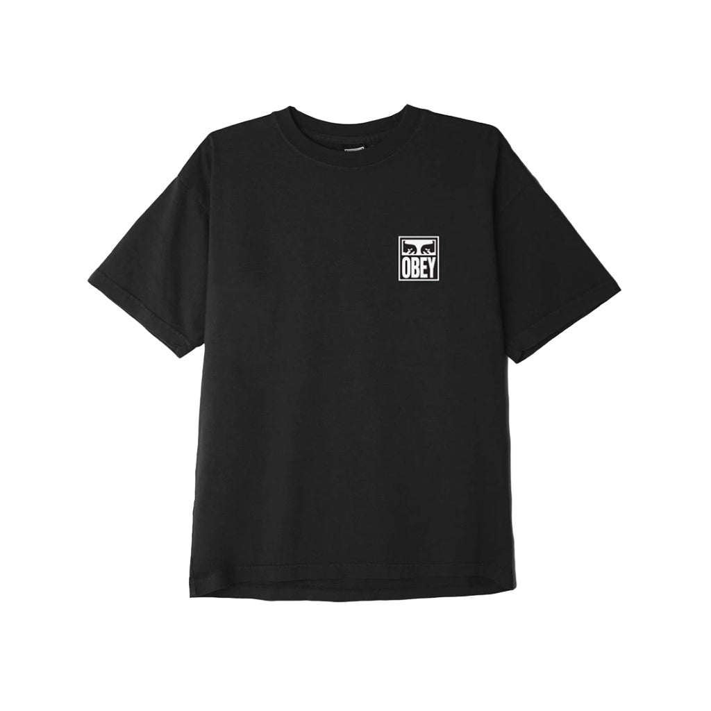 Black t-shirt with a logo on the chest against a white background