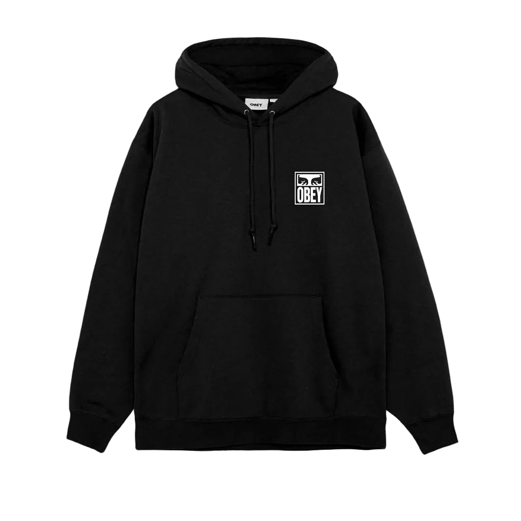 Black hoodie with a logo on the chest against a white background