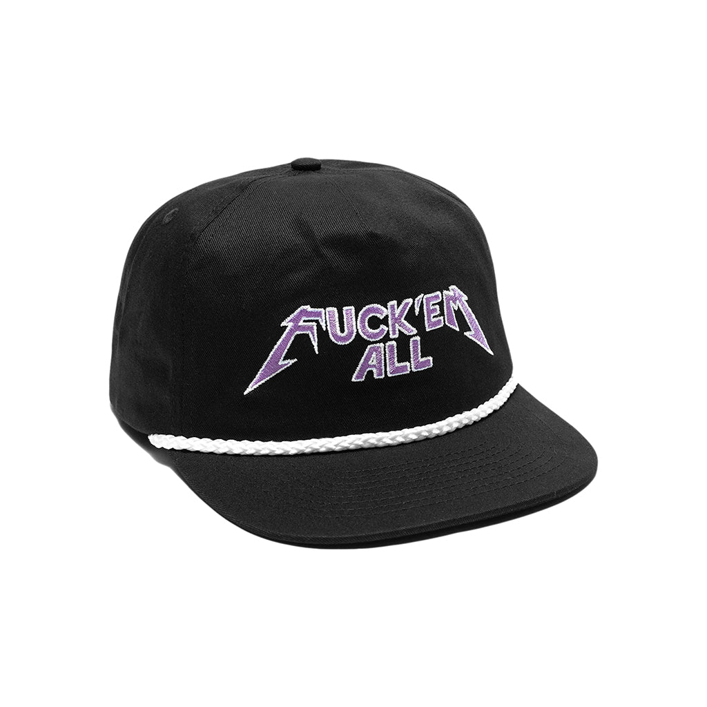 Black cap with purple Fuck'em All text and white rim on a white background