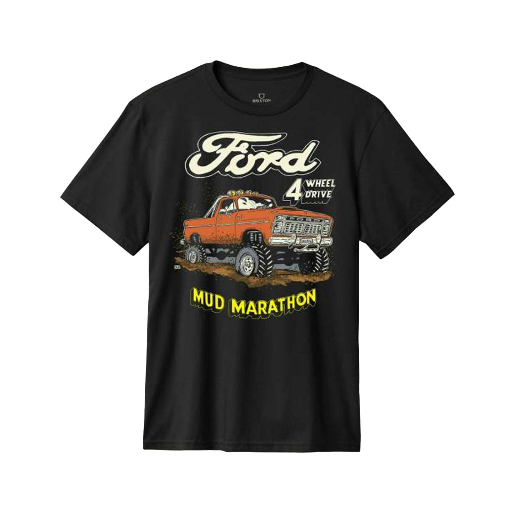 Black t-shirt with Ford truck graphic and 'Mud Marathon' text on a white background