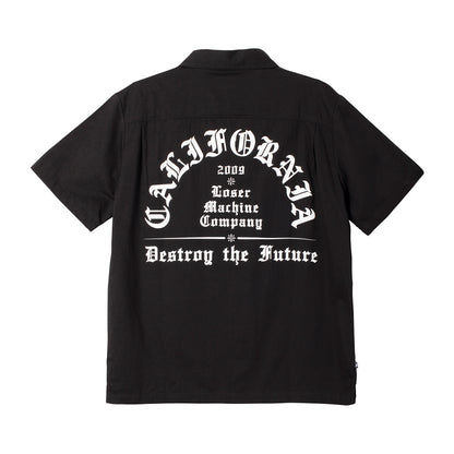 Black shirt with white text on the back on a white background