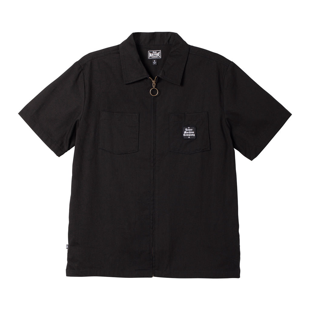 Black short-sleeve shirt with collar on a white background