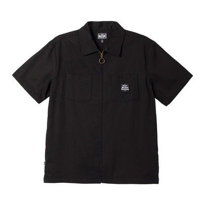 Black short-sleeve shirt with collar on a white background