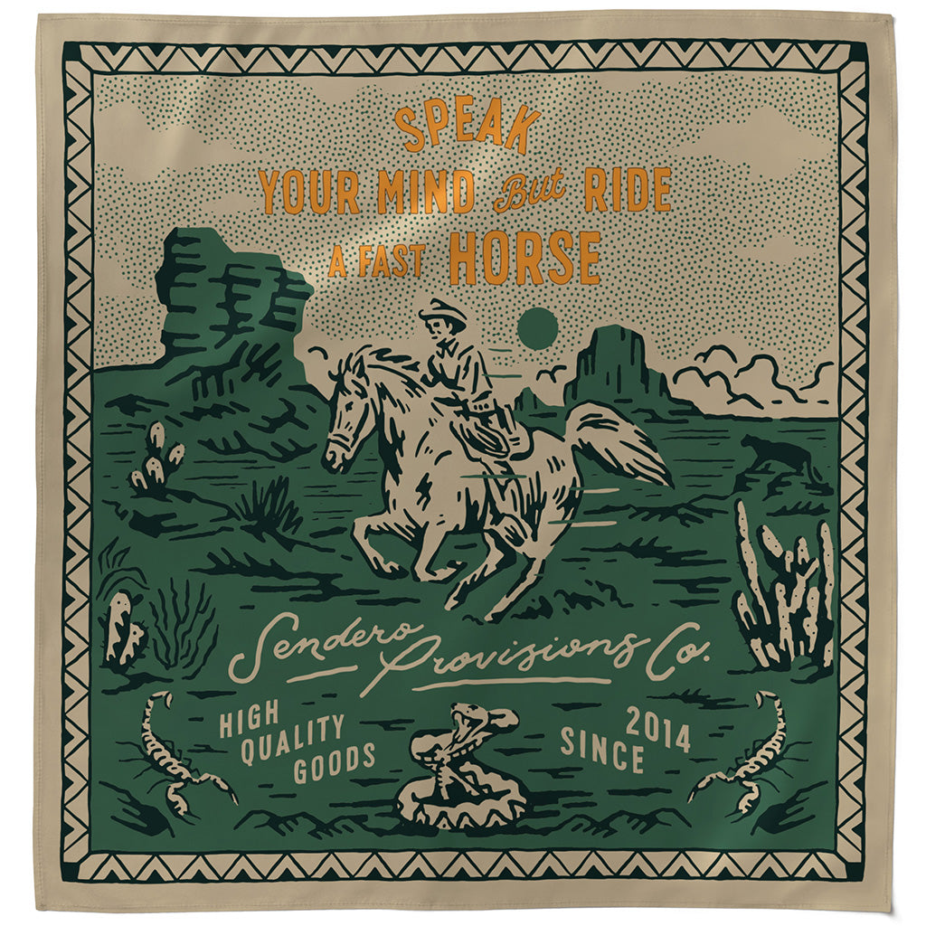 Product packaging with a horse and rider illustration and text on a desert landscape background.