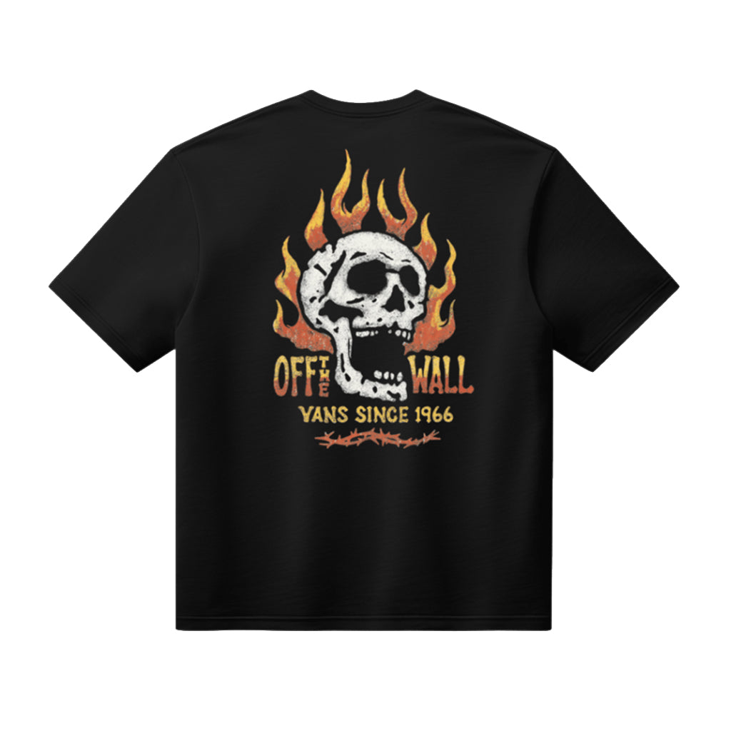Black t-shirt with a skull and flames design on the back, featuring 'Off the Wall' text.