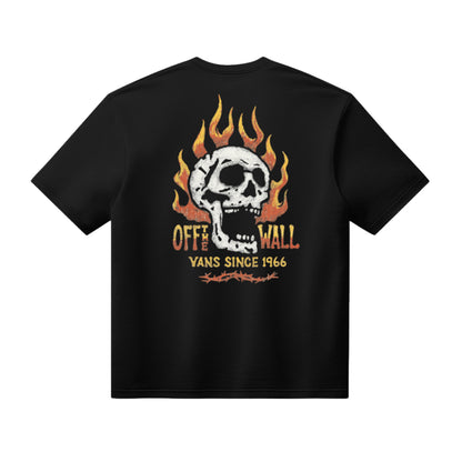 Black t-shirt with a skull and flames design on the back, featuring 'Off the Wall' text.