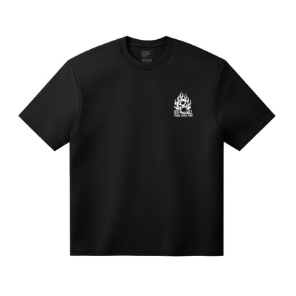 Black t-shirt with a small white logo on a white background