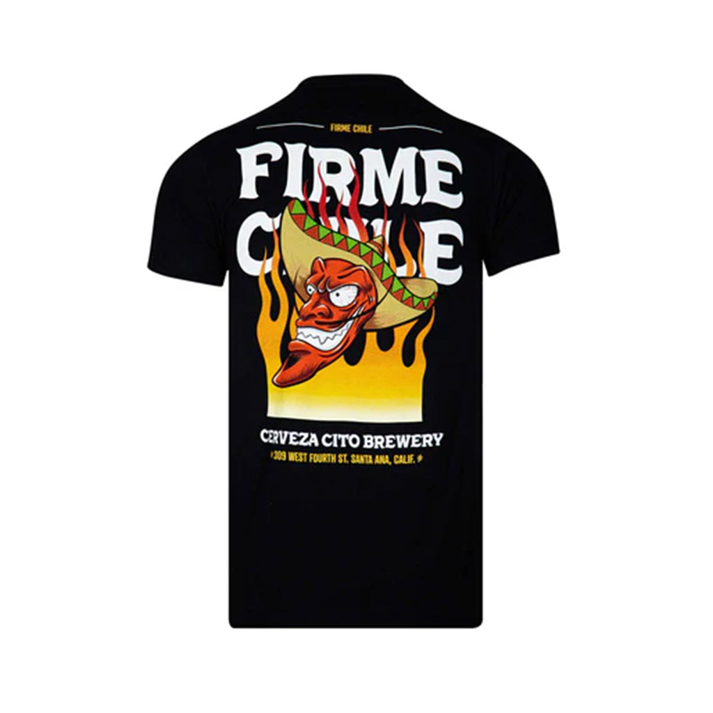 Black t-shirt with colorful graphic of a chili with a hat and text on a white background