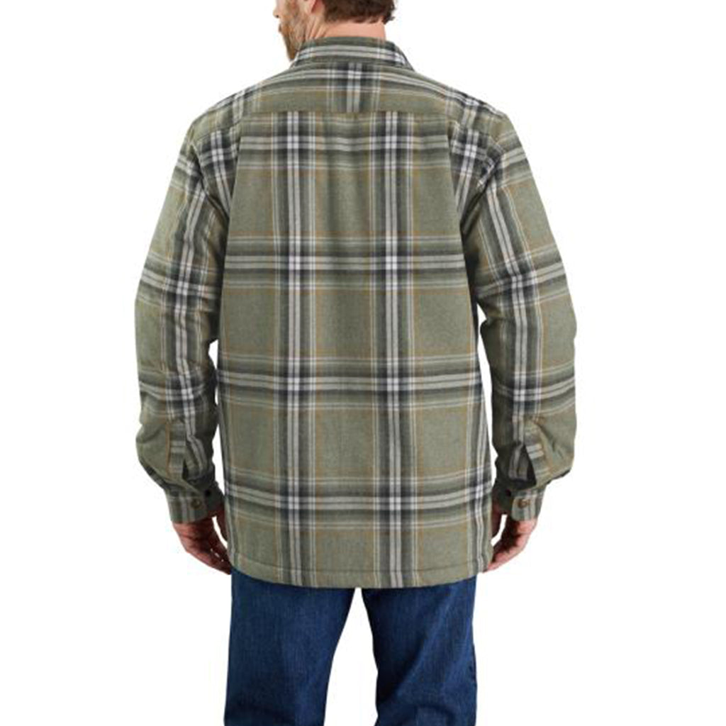 Man wearing a green plaid shirt on a white background