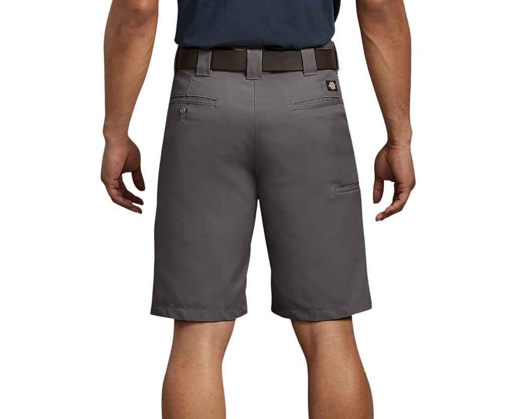 Gray shorts worn by a person on a white background