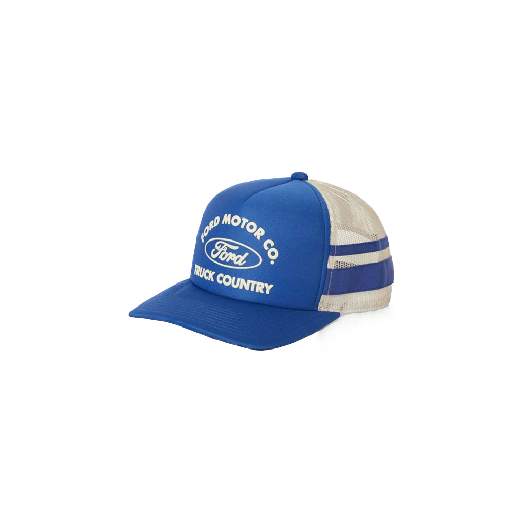 Blue and beige cap with Ford logo on a white background