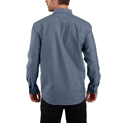 Man wearing a blue button-up shirt on a white background