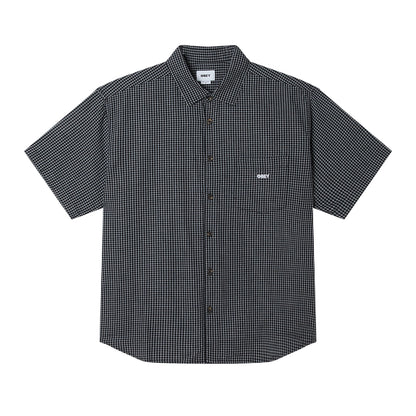 Black and white checkered short-sleeve shirt on a white background