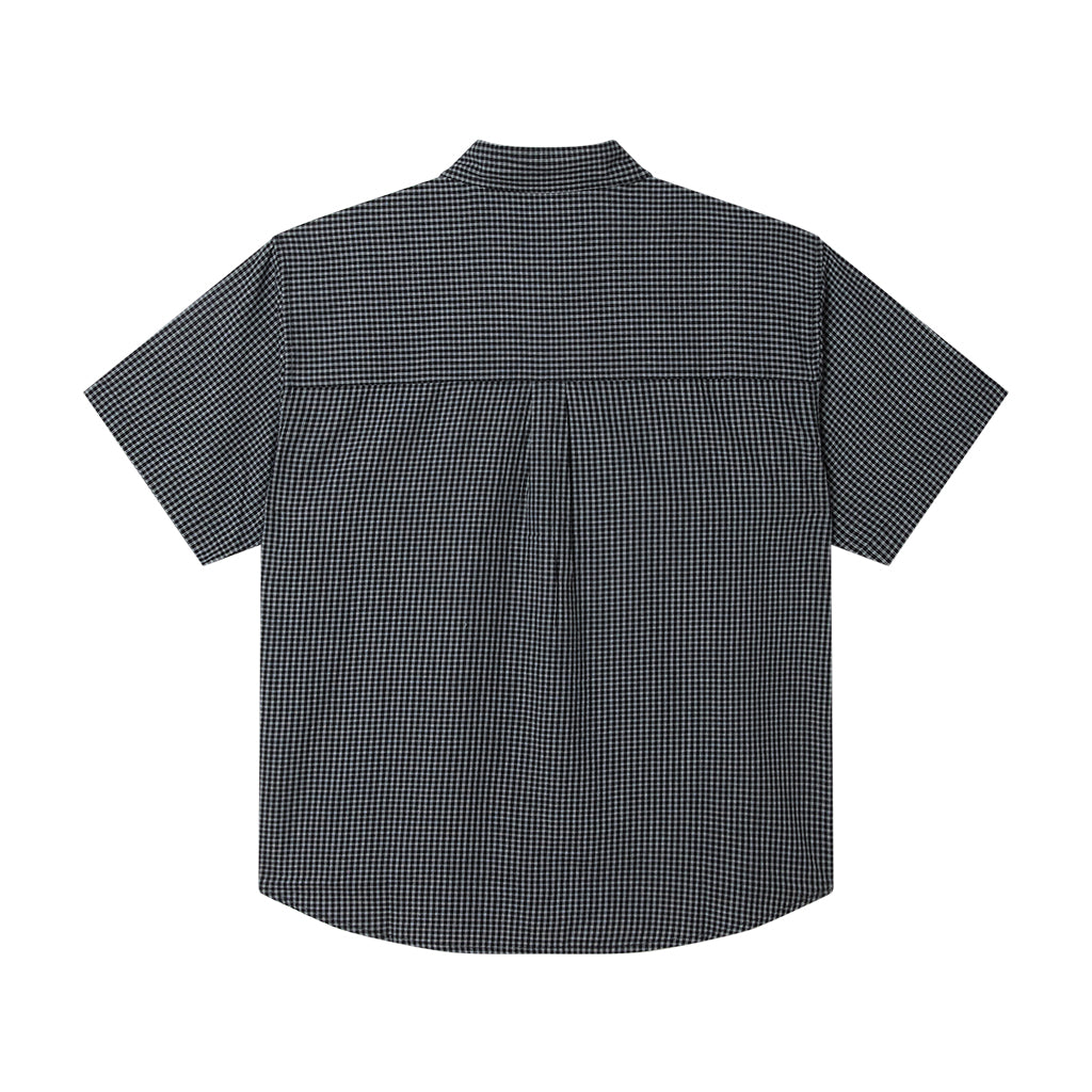 Black checkered short-sleeve shirt on a white background