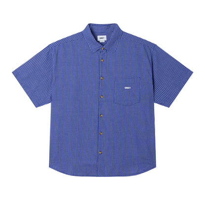 Blue checkered shirt with brand logo on a white background