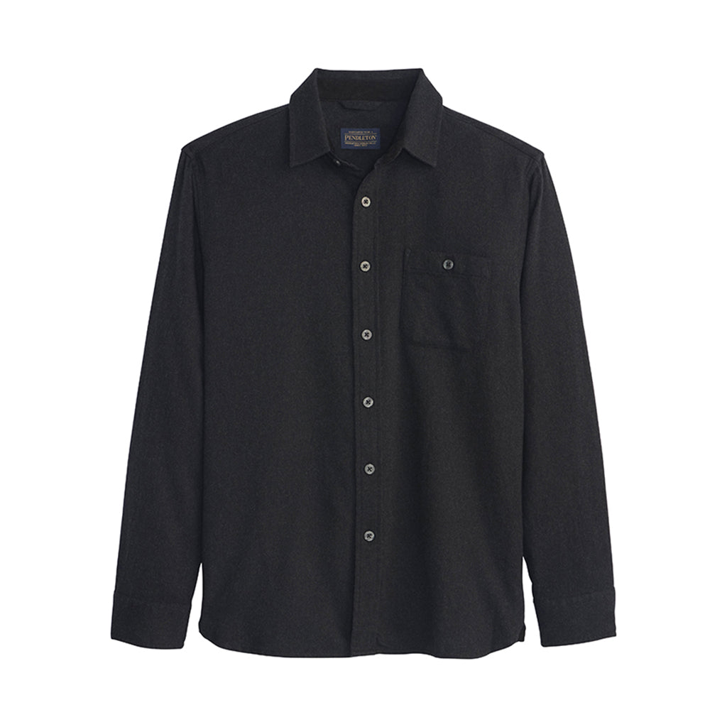 Black button-up shirt on a white background