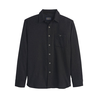 Black button-up shirt on a white background