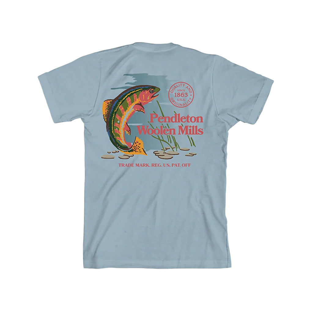 Light blue t-shirt with a colorful fish graphic and 'Pendleton Woolen Mills' text on a white background
