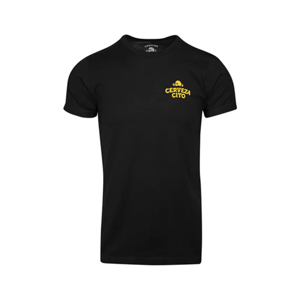 Black t-shirt with yellow logo on a white background