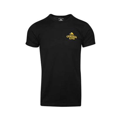 Black t-shirt with yellow logo on a white background