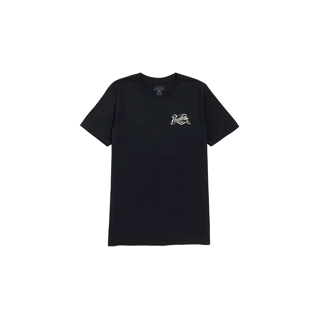 Black t-shirt with a white logo on a white background
