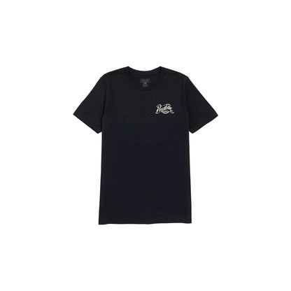 Black t-shirt with a white logo on a white background