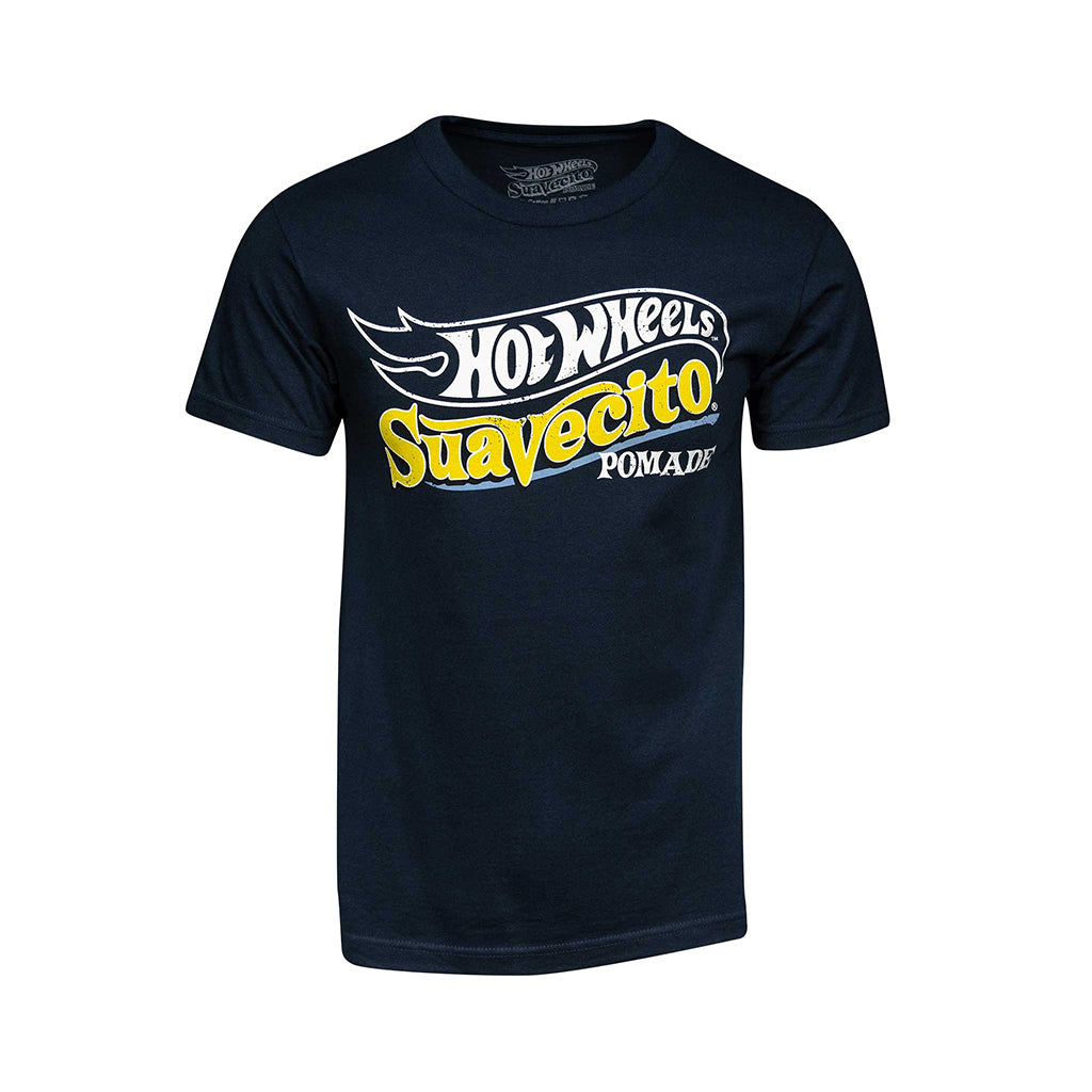 Black t-shirt with Hot Wheels Suavecito Pomada logo on a white background