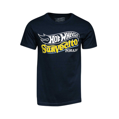 Black t-shirt with Hot Wheels Suavecito Pomada logo on a white background