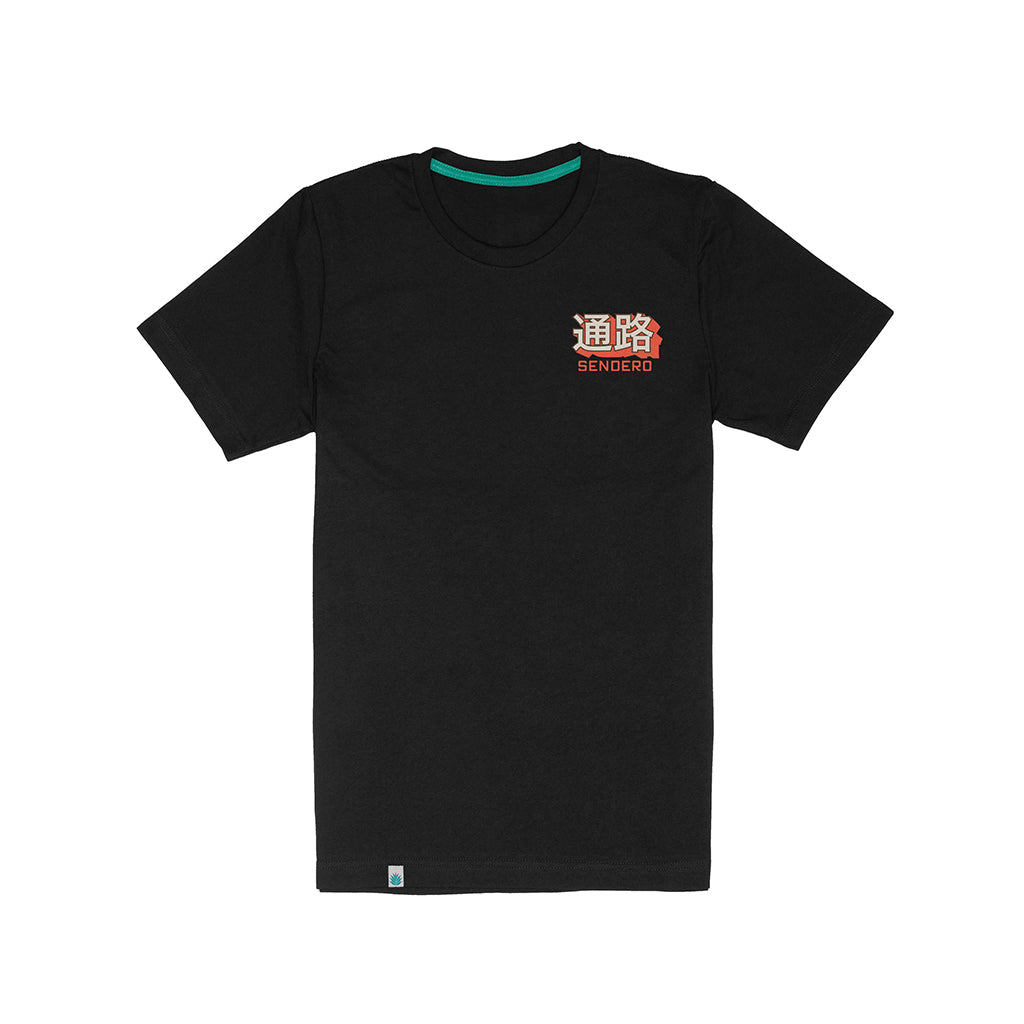 Black t-shirt with a red and white logo on a white background
