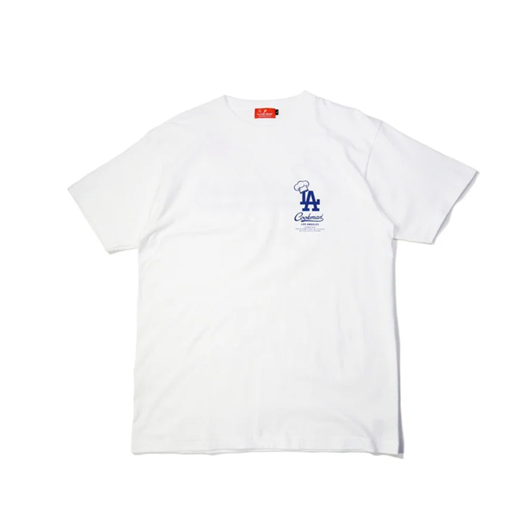White t-shirt with a small logo on the chest against a white background