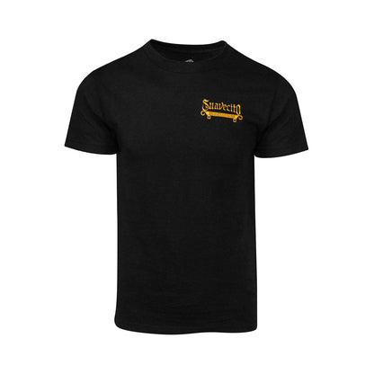 Black t-shirt with yellow logo on a white background