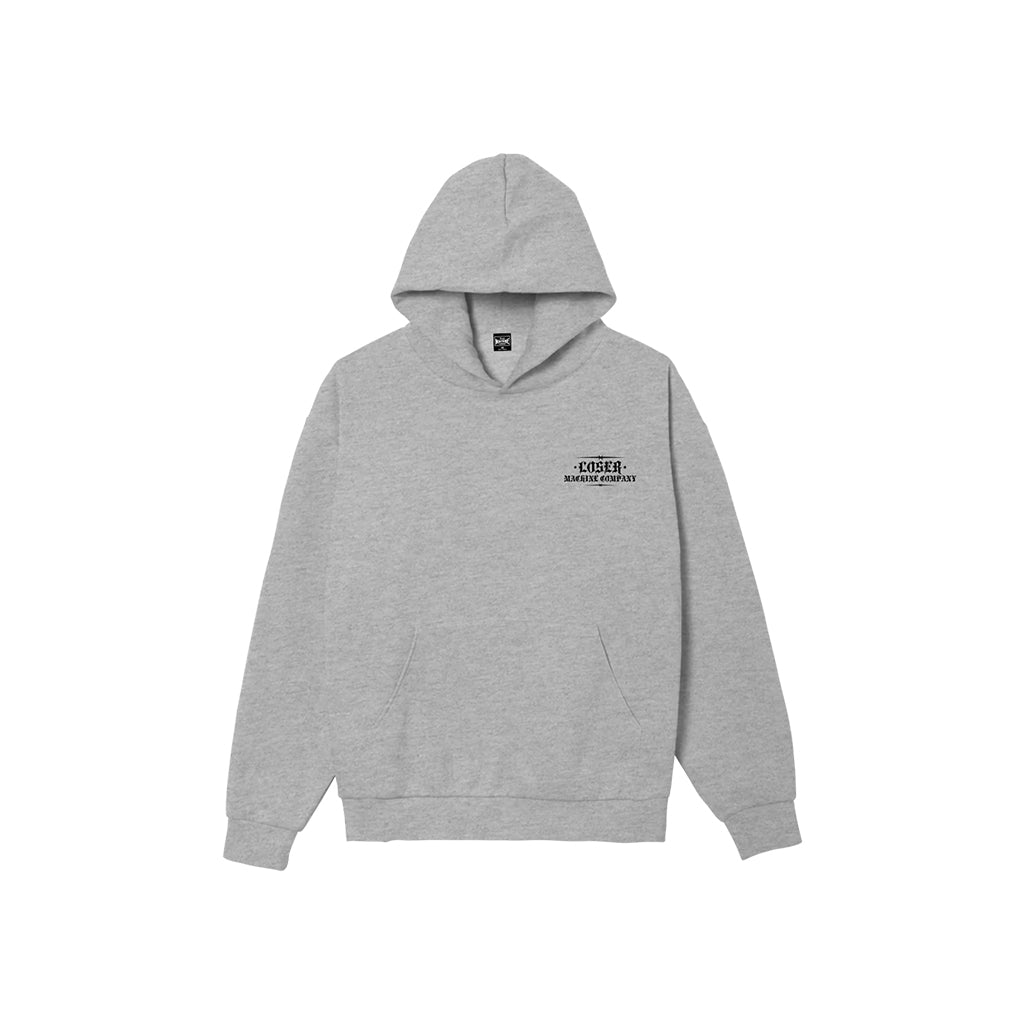 Gray hoodie with a small logo on the chest against a white background