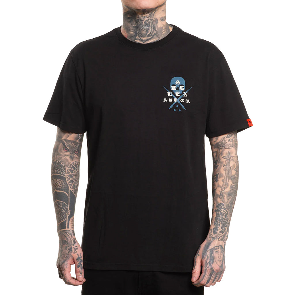 Person wearing a black t-shirt with a logo on a white background
