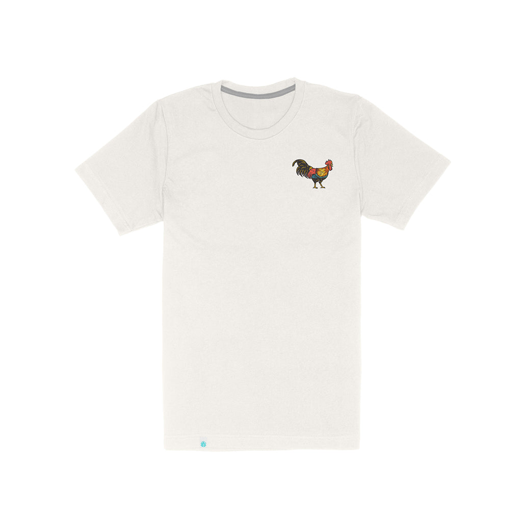 White t-shirt with a rooster graphic on a white background