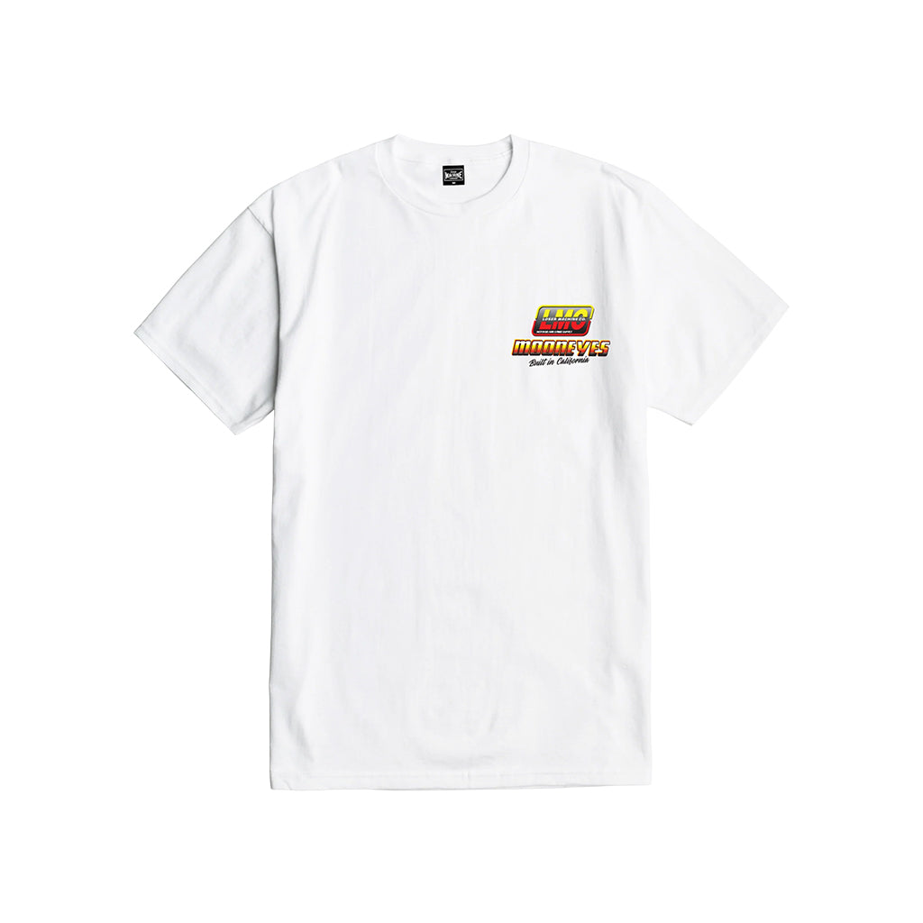 White t-shirt with a logo on a white background