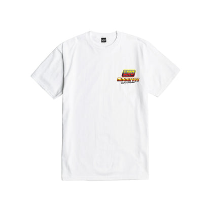 White t-shirt with a logo on a white background