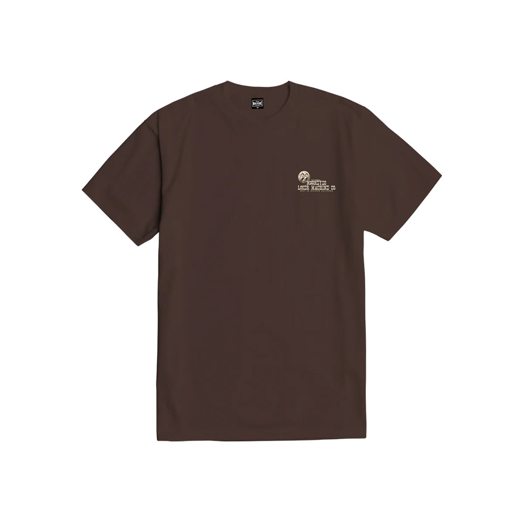 Brown t-shirt with a logo on the chest against a white background