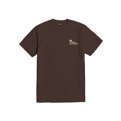 Brown t-shirt with a logo on the chest against a white background