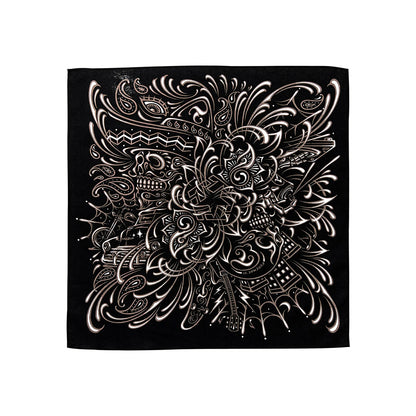 Black bandana with intricate white skull and tribal design on a white background