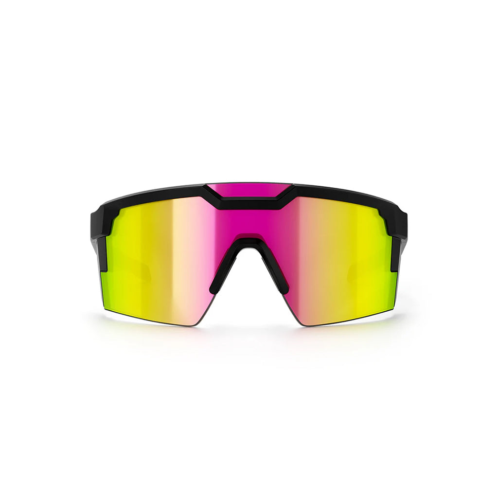 Sunglasses with pink and green reflective lenses on a white background