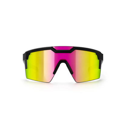 Sunglasses with pink and green reflective lenses on a white background