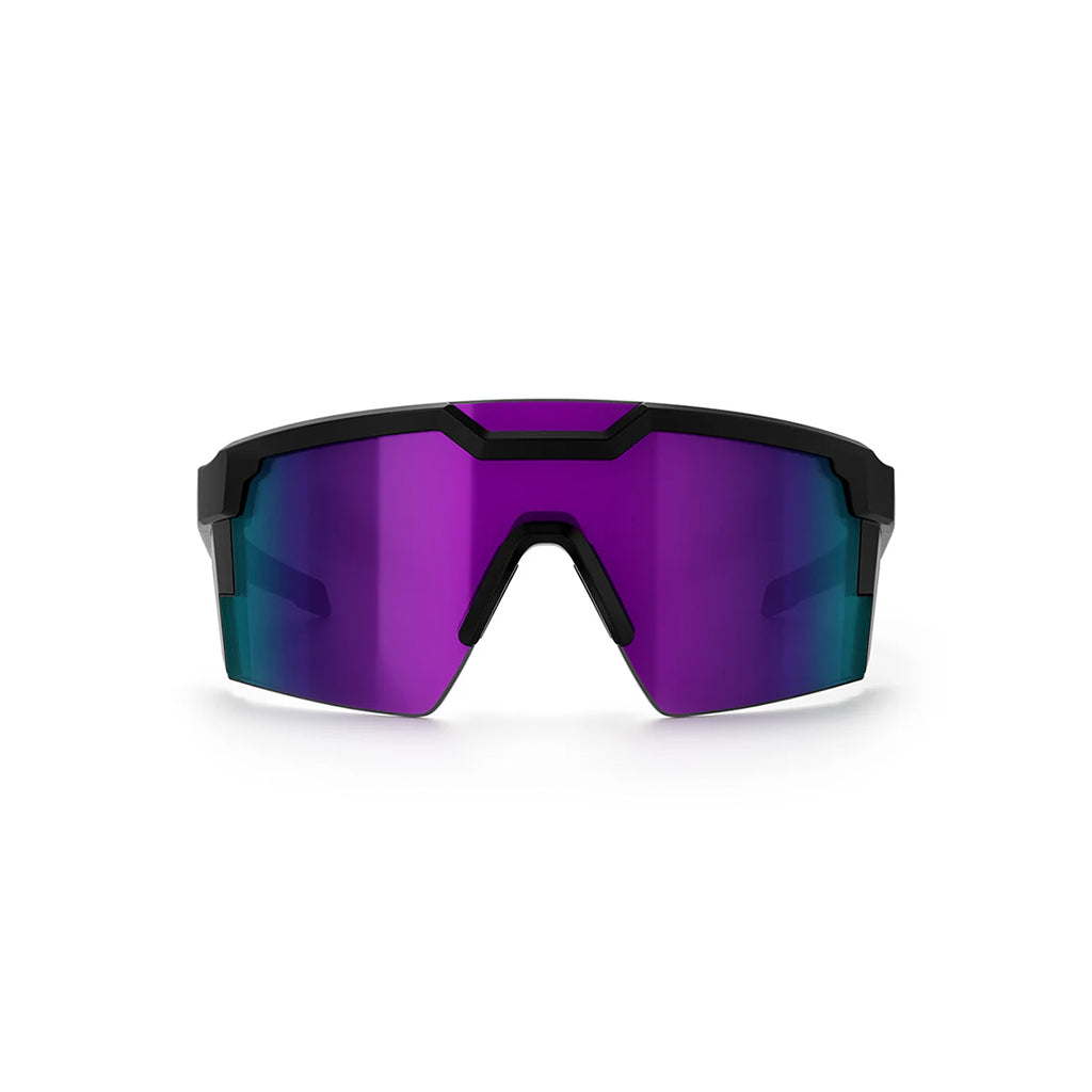 Sunglasses with purple and blue gradient lenses on a white background
