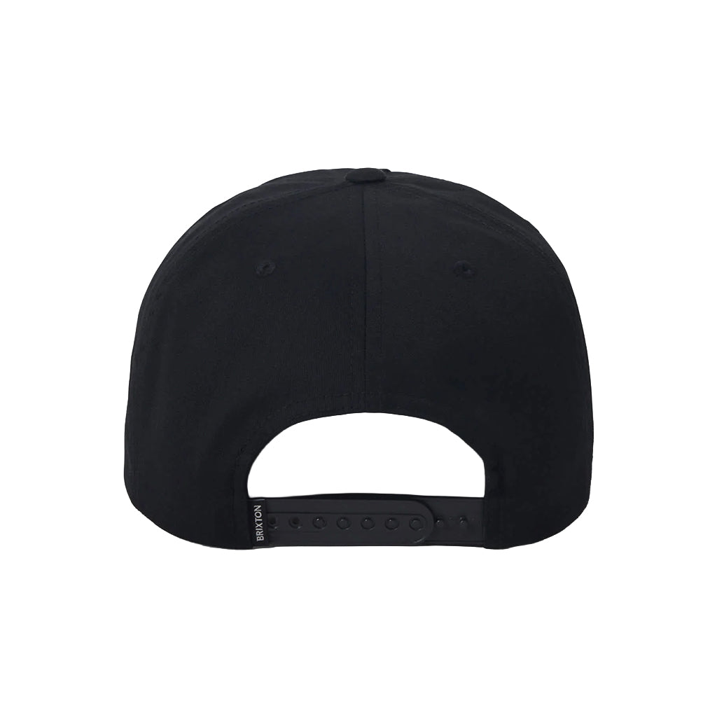 Black cap with a white logo on a white background
