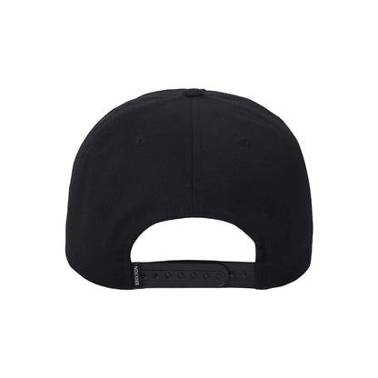 Black cap with a white logo on a white background