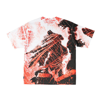 T-shirt with black and red abstract design on a white background